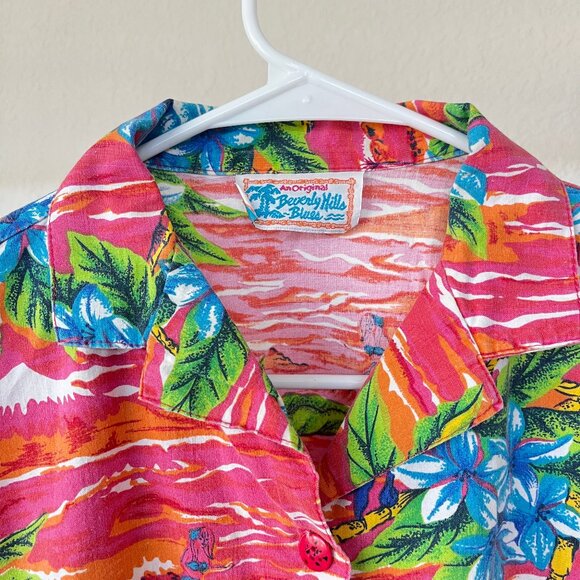 Vintage Beverly Hills Blues Button Down Tropical Pink Hawaiian - Picture 5 of 7